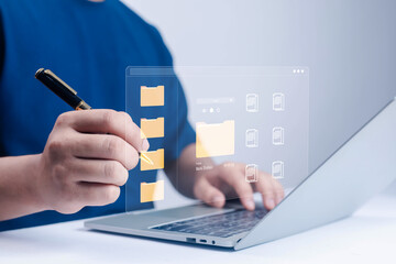 Businessmen review contract documents, manage documents and agreements, sign contracts and business cooperation, have an efficient accounting document system without using paper.	
