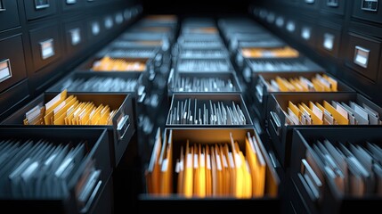 Close-up view of numerous file cabinets filled with documents