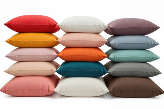 Bright cushions lined up against a white background