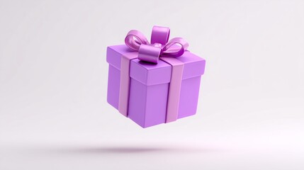 minimalist 3d render purple gift box with ribbon floating white background
