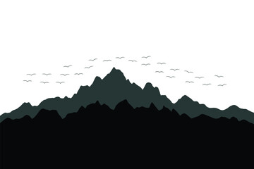 Mountain landscape silhouette with birds flying, vector illustration for nature scenery, travel, adventure and tourism design