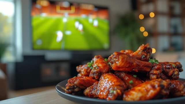 Closeup plate of delicious buffalo wings with blurry big TV screen with football game on 