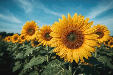 Fototapeta premium Detailed view of sunflowers blossoming in the yard