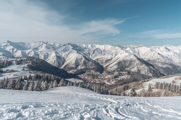 Fototapeta premium Snow-blanketed peaks at a ski resort in a mountainous region. Winter scenery featuring snowy rural areas in a mountainous locale. Continental winter environment.