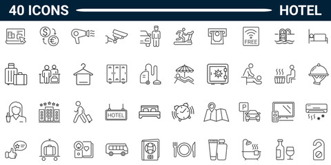 Hotel line icon set. Includes Hotel services, recreational rest, relax, travel. Editable stroke. Vector illustration