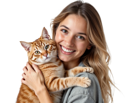 Smiling young woman with cat isolated on transparent background