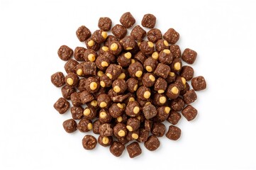 Obraz premium Crispy chocolate-covered corn treats against a white backdrop