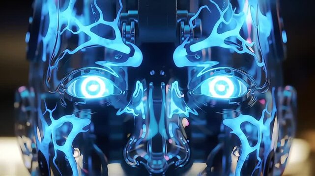 "Futuristic glowing AI face with cybernetic design and blue neon light, technology concept animation."