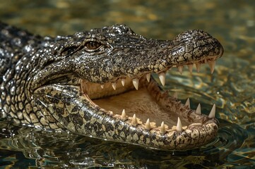Obraz premium Close-up of a Crocodile Displaying Its Sharp Teeth and Open Mouth