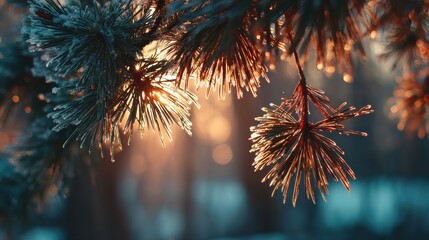 Sunlight Filters Through Frost-Covered Pine Branches in a Serene Winter Landscape During Early Morning Hours