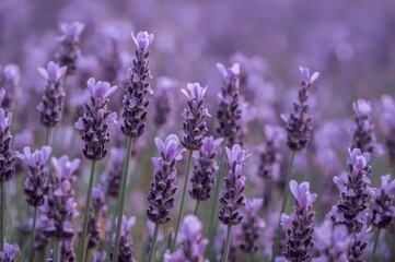 Obraz premium Detailed view of a delicate purple lavender meadow, artistic floral backdrop, fragrant herb, springtime natural beauty