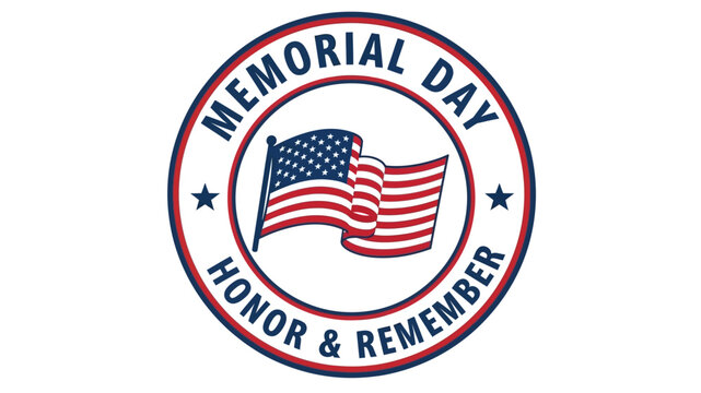 Circular patriotic vector emblem with the American flag, stars, and text 'Honor & Remember' for Memorial Day commemoration, representing national tribute and solemn observance
