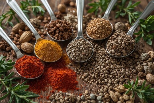 Variety of spices displayed in spoons on a rustic wooden surface, close-up view