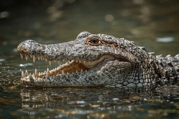 Naklejka premium Open-mouthed crocodile emerging from water, showcasing eyes and textured skin, wildlife, river habitat, fierce reptile, animal predator