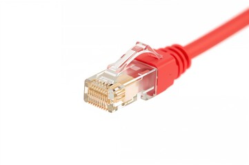 Detailed view of a computer ethernet cable with gold connectors against a white background
