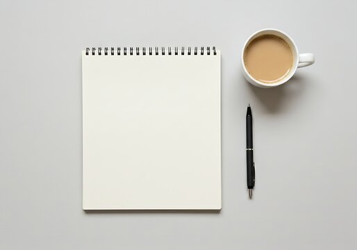 Simple office flat-lay with a blank journal, a pen, and a cup of coffee for morning productivity.