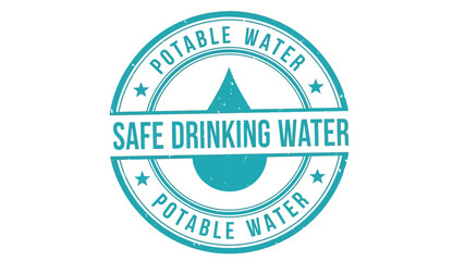 Vintage style stamp emblem guaranteeing safe drinking water, featuring a pure water drop icon and text 'Potable Water' for health and hydration awareness