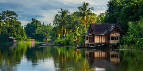 Obraz premium Vibrant Tropical Jungle Scene in August with Wildlife and Dappled Light, house on the lake
