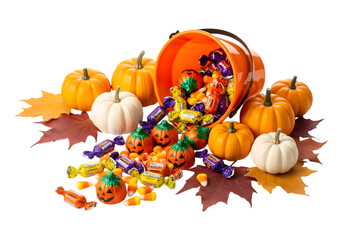 Vibrant halloween candy overflowing from pumpkin bucket surrounded by mini pumpkins and autumn leaves transparent background