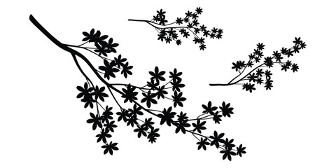Black Silhouette Branches With Small Flowers On White Background Keywords: silhouette, branch, floral