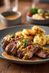 A plate of Czech sv&iacute;čkov&aacute;, showing tender roasted beef topped with creamy sauce, garnished with cranberry
