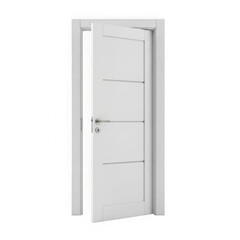 Modern white interior door slightly ajar revealing minimalist design elements transparent background