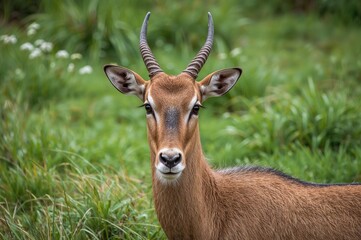 Close-up of a wild antelope with green grassy background