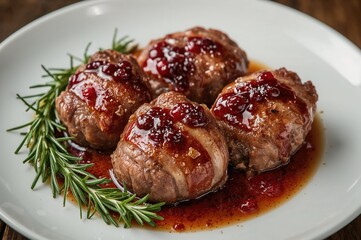 Fototapeta premium Bacon-wrapped beef rounds served with cranberry glaze
