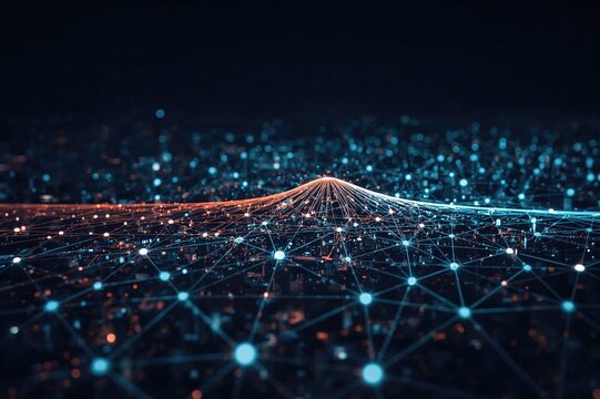 Smart city concept represented by a dot linked to a gradient line via metaverse connections. Nighttime urban big data banner.