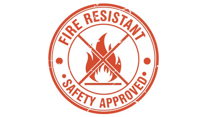 Obraz premium Distressed circular stamp icon declaring materials as fire resistant and safety approved, visually represented with a stylized crossed-out flame symbol for compliance