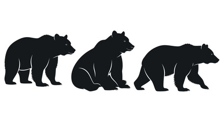 Fototapeta premium Three black silhouette bears standing and sitting in natural poses on white vector