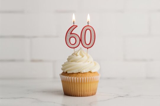 Birthday cupcake topped with a number 60 candle set against a plain white wall