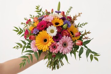 Obraz premium Vibrant floral bouquet crafted by florist, close-up of summer blossoms in hand