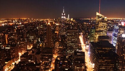 Fototapeta premium Nighttime Aerial View of New York City Skyline with Illuminated Skyscrapers.