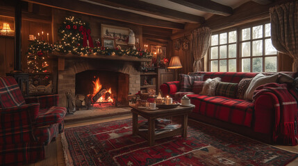 Fototapeta premium a countryside cottage living room decorated for Christmas, low wooden beams, roaring fire