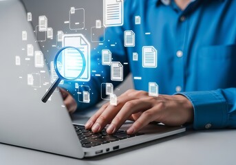 Person using a laptop with a magnifying glass over documents, representing data search and analysis