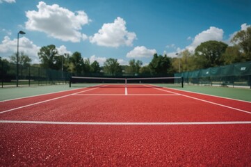 Fototapeta premium Vibrant athletic field surface seen from above with white markings on a red rubber floor outdoors