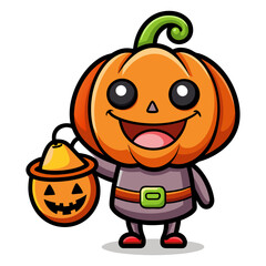 Cute Smiling Halloween Pumpkin Holding Tiny Trick-or-Treat Bucket, Fun Spooky Autumn Cartoon Illustration for Kids and Holiday Designs