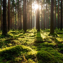 Obraz premium Sunlight Piercing Through a Dense Forest of Pine Trees with Mossy Ground Cover.