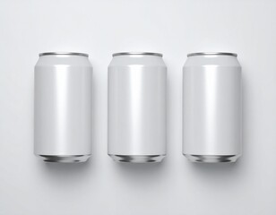 Top view mockup of three soda cans arranged on a white surface, blank labels ready for design
