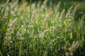 Close-up of lush green grass showcasing diverse textures and blooming stalks under bright sunlight