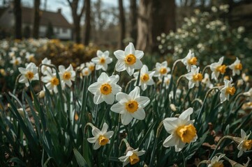 Fototapeta premium Detailed view of blooming flowers in a woodland close to a small village