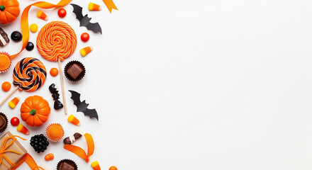 Fototapeta premium Colorful Halloween candy and spooky bat decorations form a festive border on a clean white background, offering ample space for text