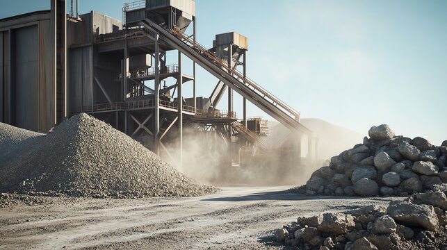 A high-quality, photo-realistic image of a processing plant crushing rocks into fine powder, showcasing intricate mechanical details and textures.