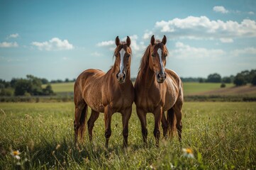 Obraz premium A pair of horses grazing in a lush green field during summer