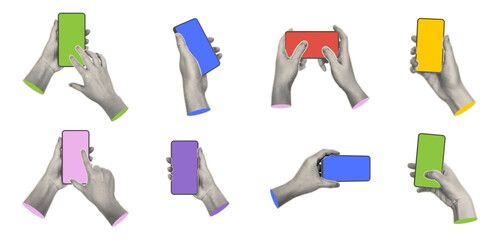 Colorful halftone style hands holding smartphones in multiple positions. Vector stylized arms with phones. User diversity, mobile device usage and digital interaction. Design for tech or apps