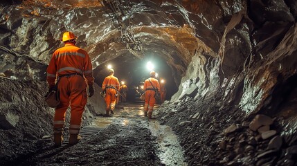 Close-up of miners in bright orange uniforms working in a copper mine, illuminated by glowing headlamps against rocky walls.