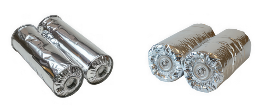 Two pairs of silver foilwrapped cylindrical batteries, isolated on transparent background