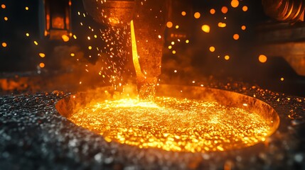A realistic depiction of a gold refinery with a smelting furnace showcasing glowing molten metal and flying sparks.