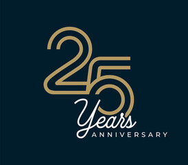 25 Years Anniversary design vector illustration. Unique 25 years logo design template. In gold color